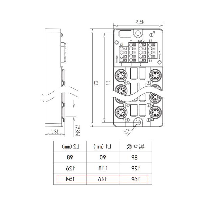 M8 Junction box、Single channel、PNP、16 port 、Split type、With LED、With top cover and cable、23PT16